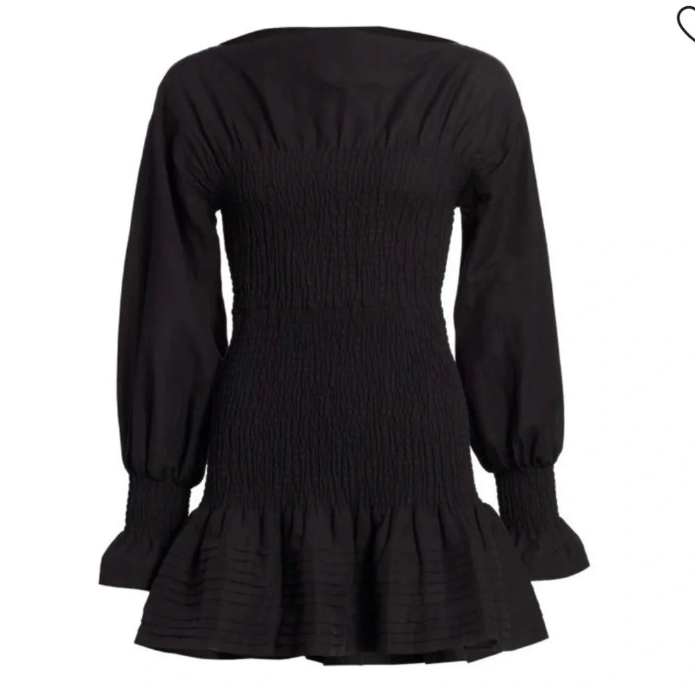 Derek Lam Collective Black Smocked Long Sleeve Ruffle Hem Cotton Mini Dress
